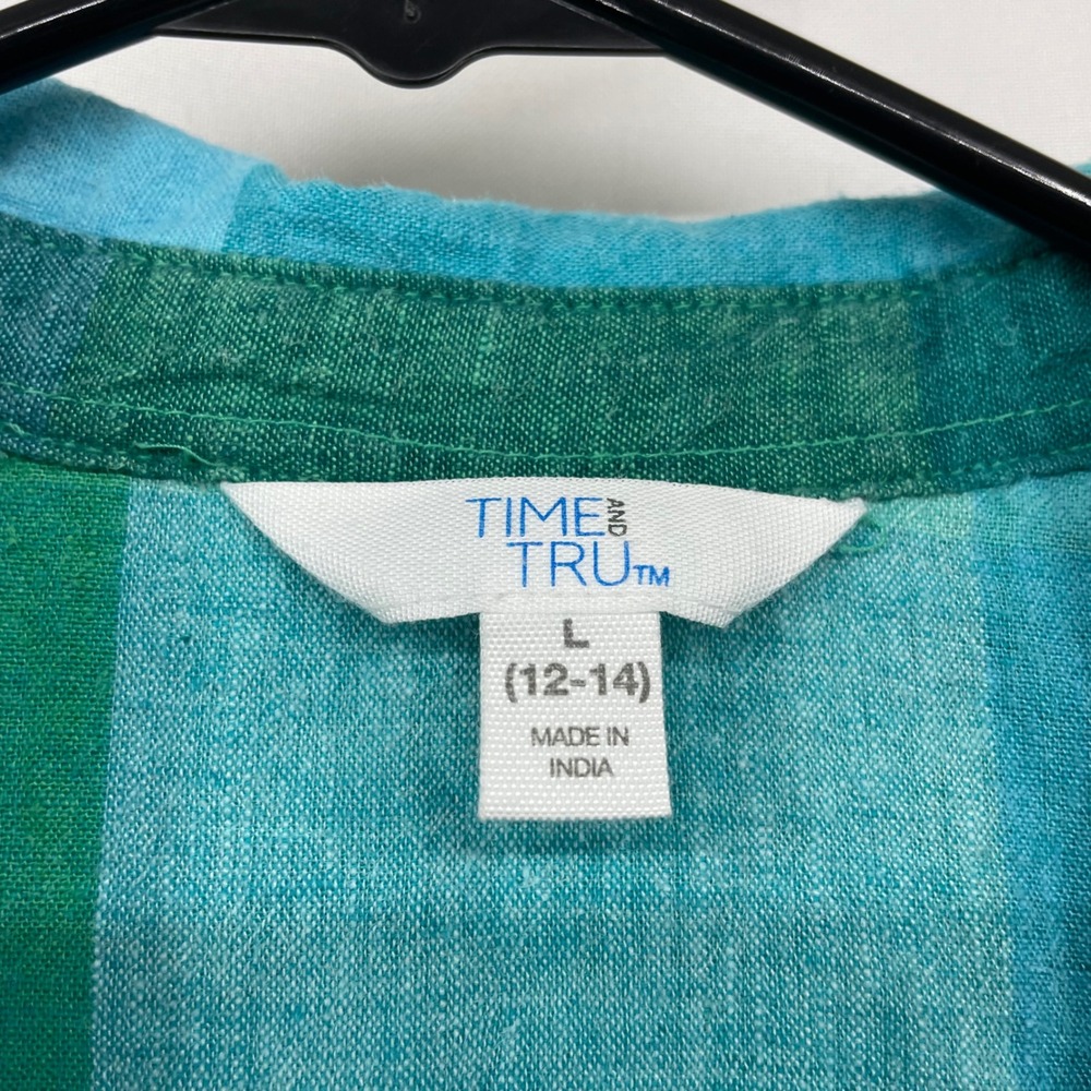 Time and Tru Size L Sleeveless Button Down Shirt Green Teal Plaid‎ Linen Blend - Picture 3 of 6